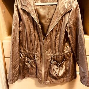 Jones New York Signature Metallic Gold Hooded Trench /Safari Jacket Coat L/G